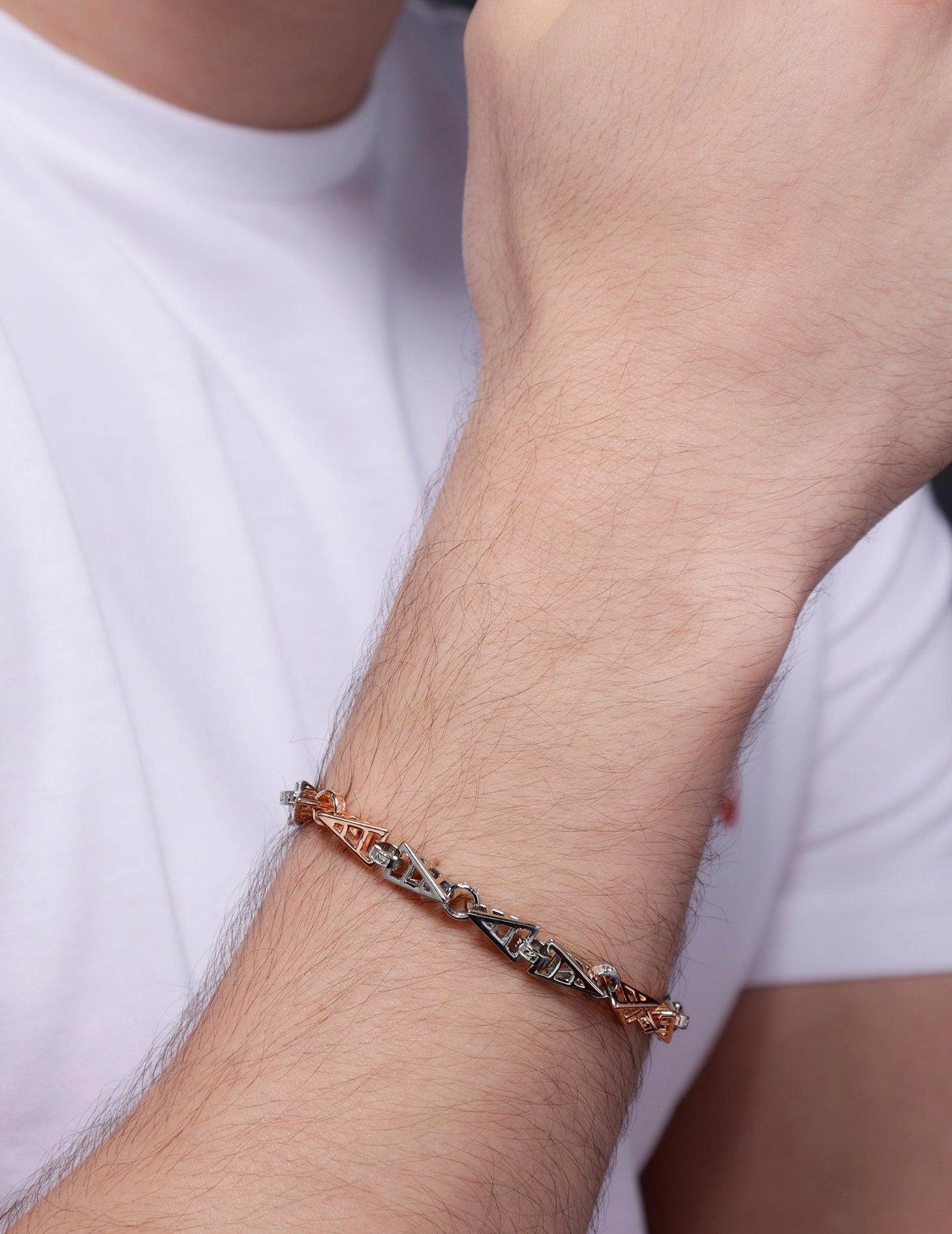 Dual-Tone Geometric Link 925 Sterling Silver Bracelet for Men