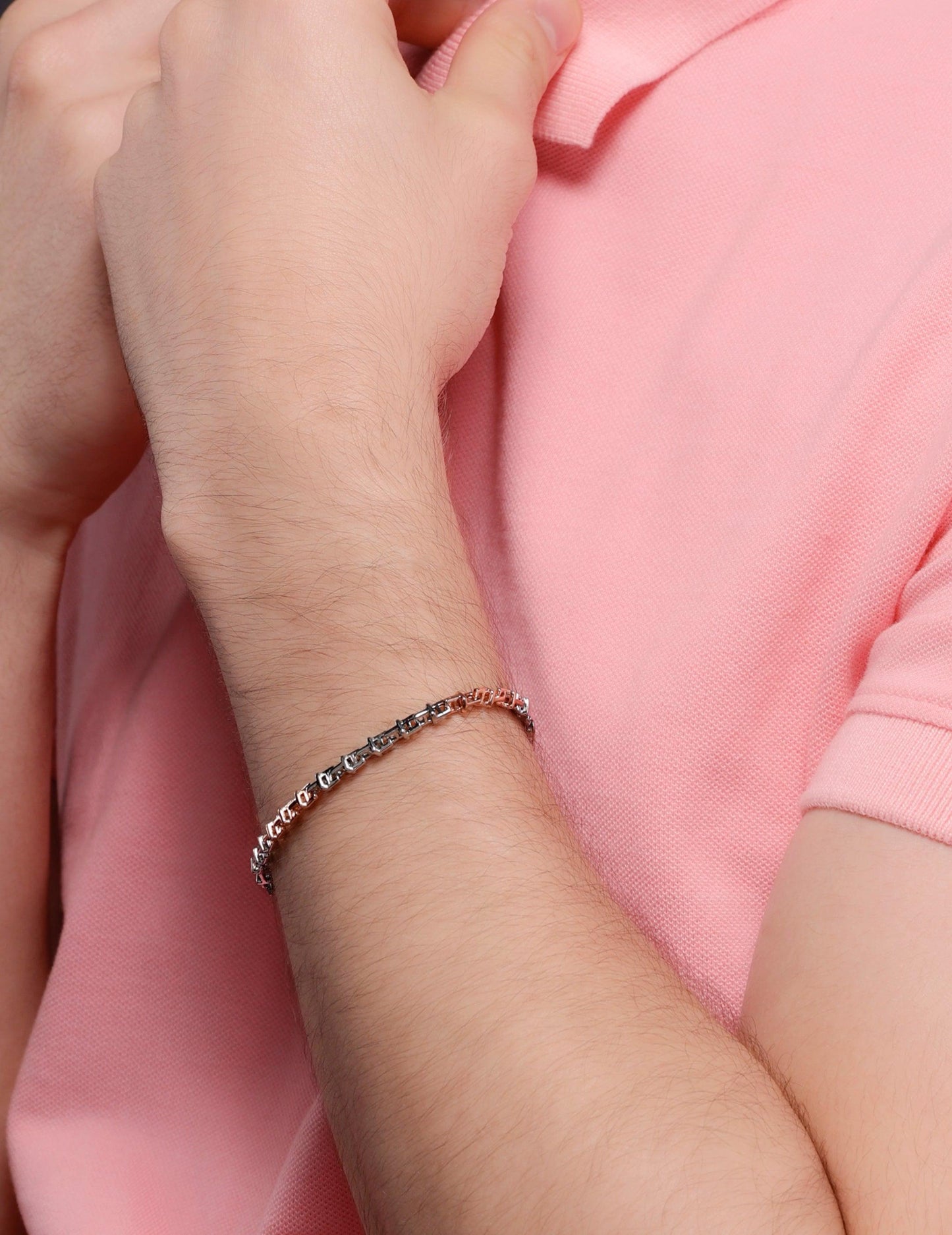 Dual-Tone Geometric Link 925 Sterling Silver Bracelet for Men