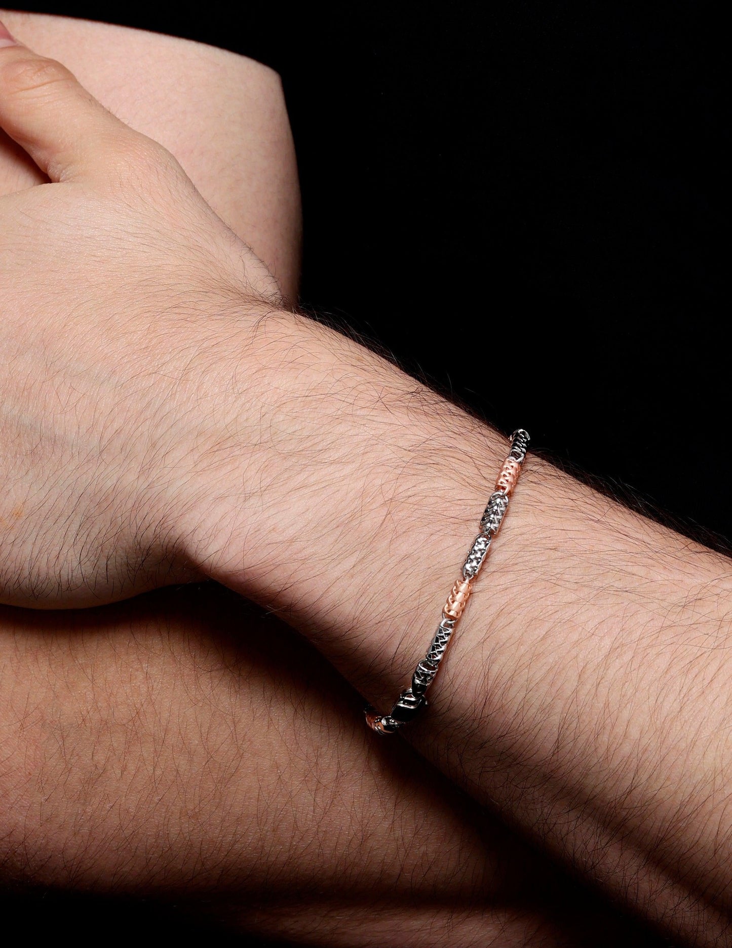 Dual-Tone Cylindrical Link 925 Sterling Silver Bracelet for Men