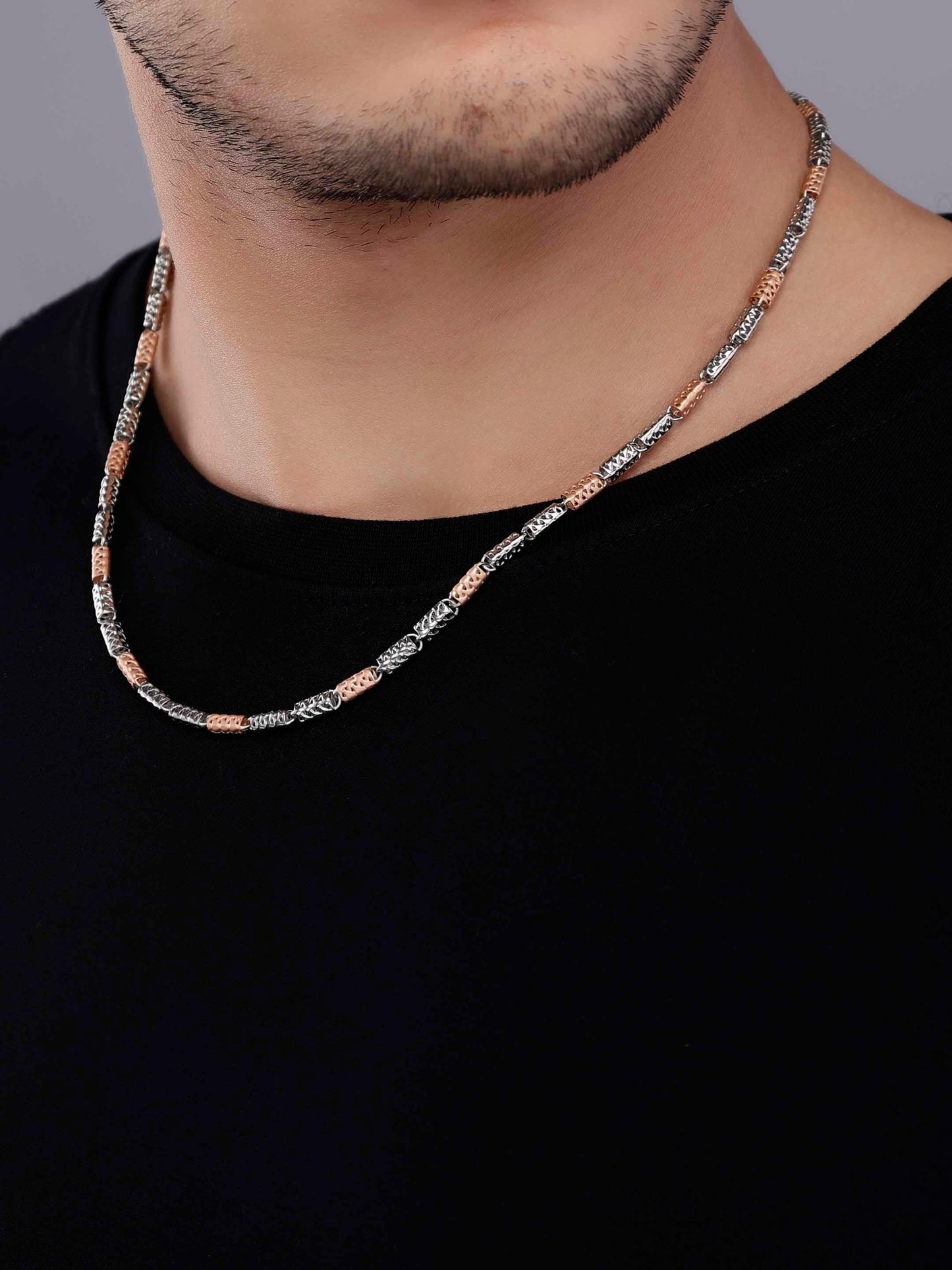 Two-Tone Cylindrical Cut-Out 925 Sterling Silver Chain