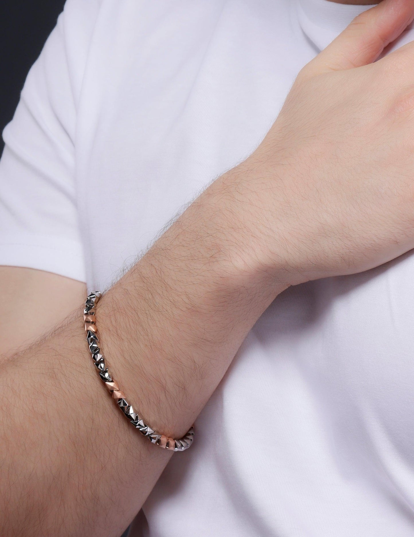 Geometric Chevron Dual-Tone 925 Sterling Silver Bracelet for Men