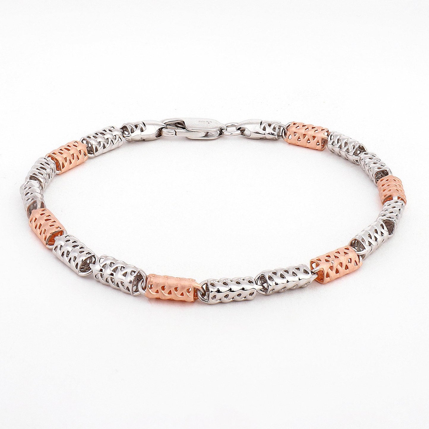 Dual-Tone Cylindrical Link 925 Sterling Silver Bracelet for Men