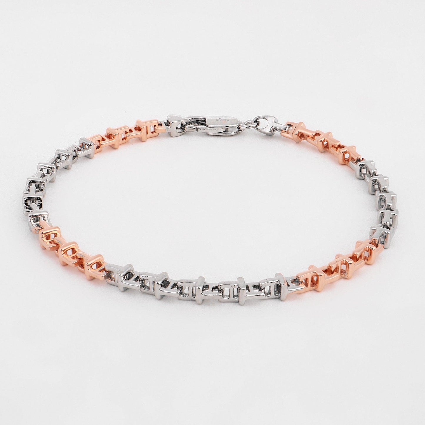 Dual-Tone Geometric Link 925 Sterling Silver Bracelet for Men