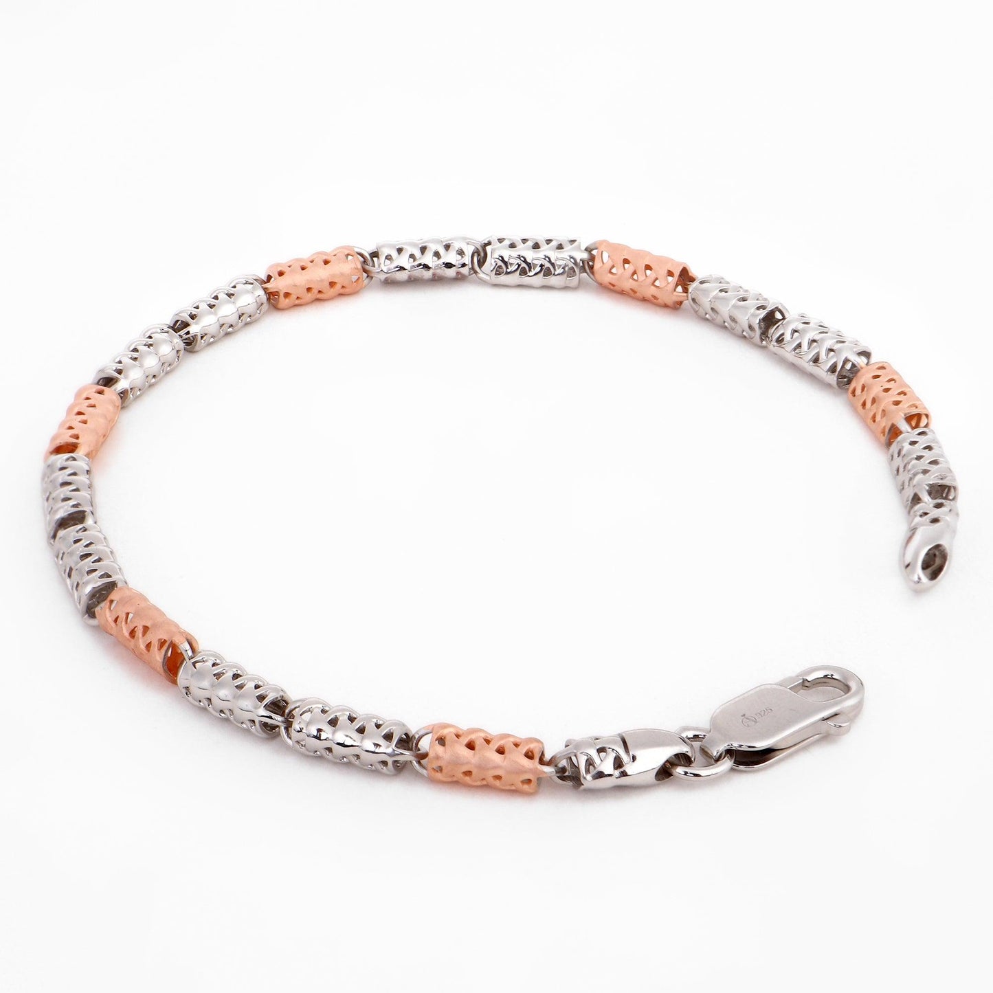 Dual-Tone Cylindrical Link 925 Sterling Silver Bracelet for Men