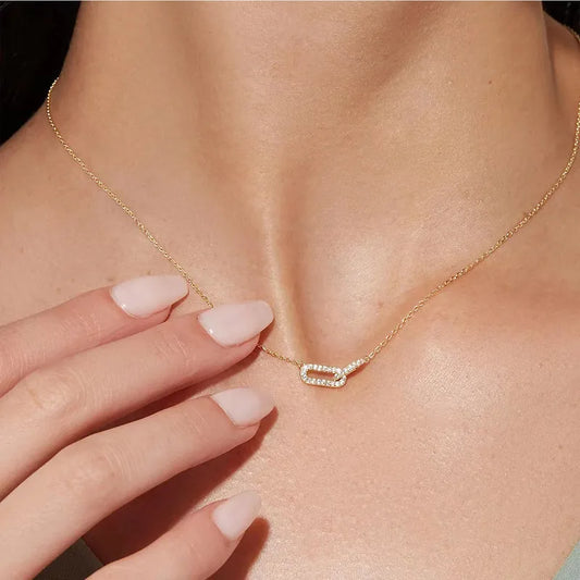 Gold Plated Inlay Oval Zircon Necklace - 925 Sterling Silver Necklace for Women
