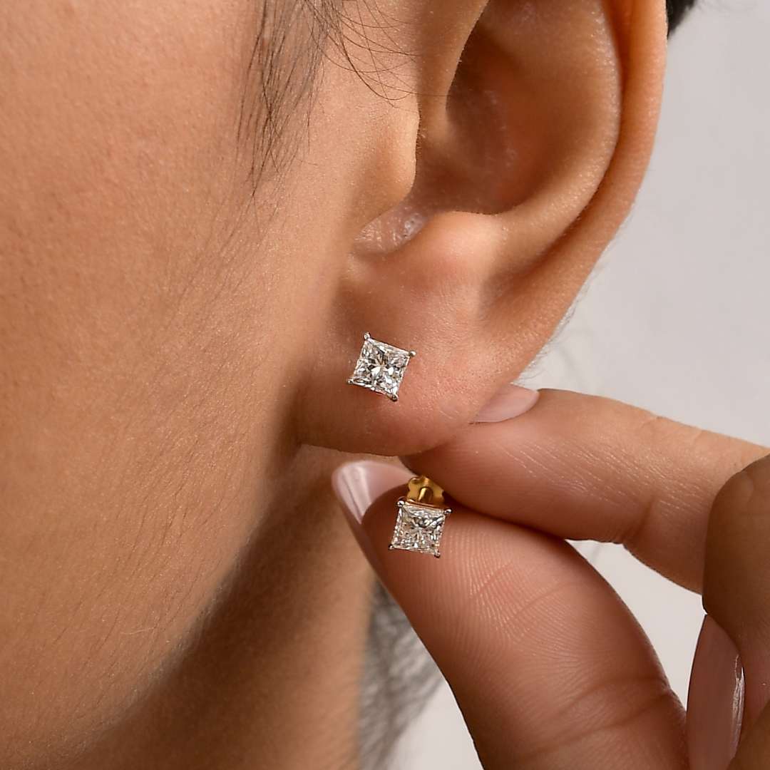Princess Cut Lab Grown Diamond Sleep Stud Earrings - Gold Earrings for Women