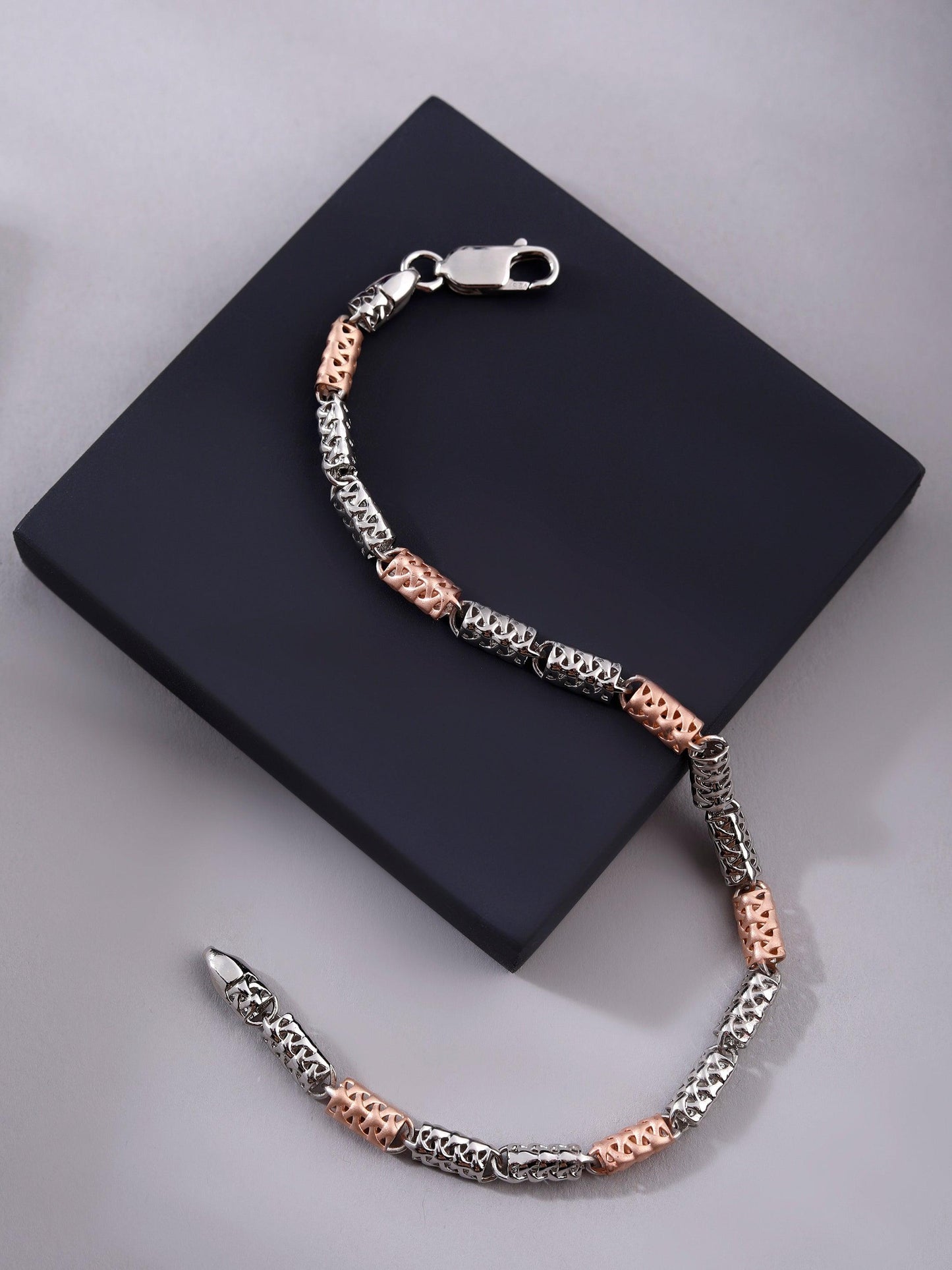 Dual-Tone Cylindrical Link 925 Sterling Silver Bracelet for Men