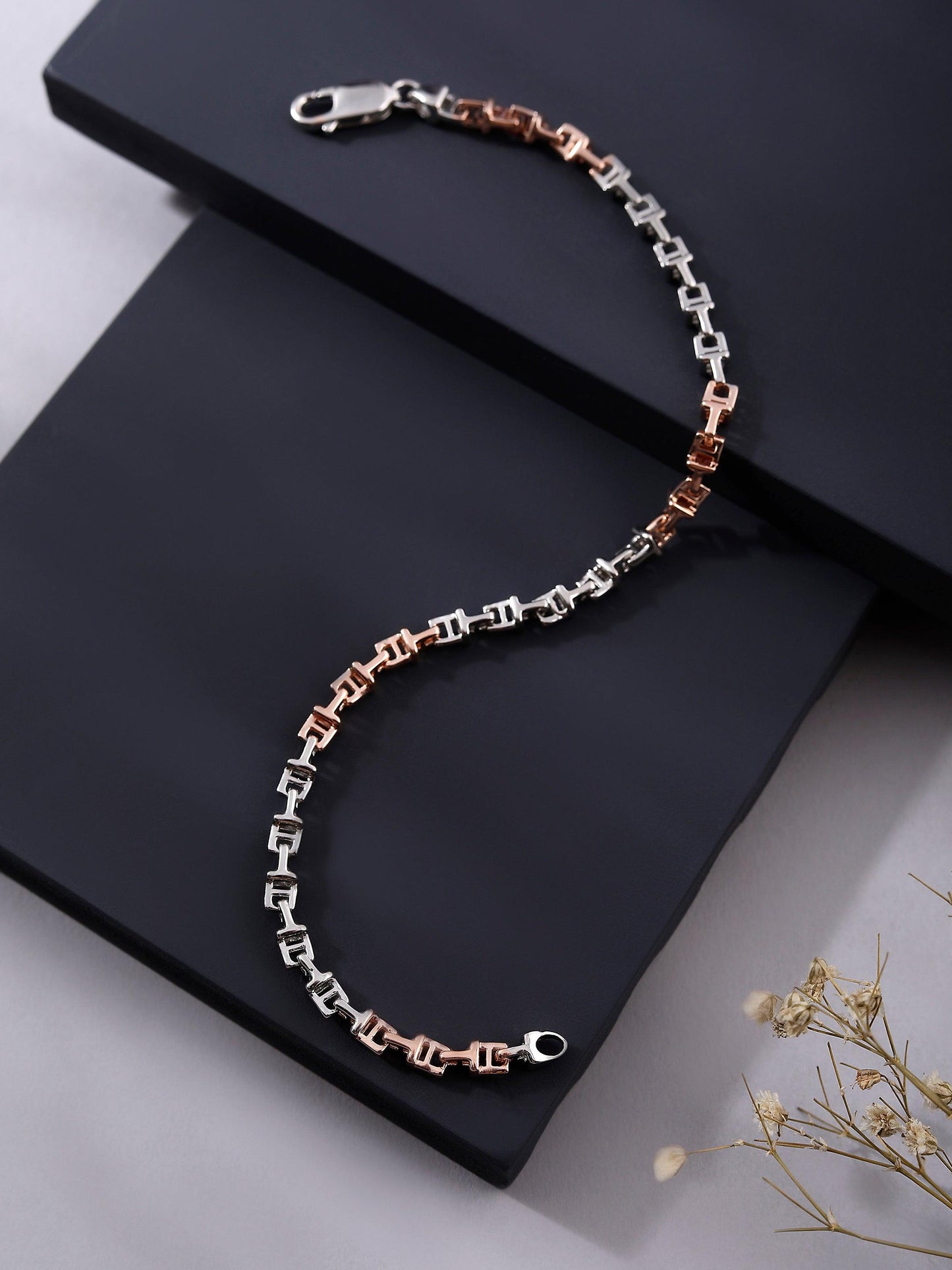Dual-Tone Geometric Link 925 Sterling Silver Bracelet for Men