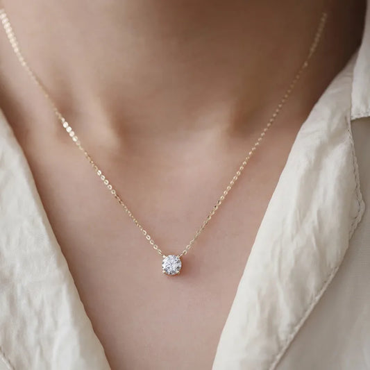 Zircon Gold Plating Inlay Round Solitaire Necklace - 925 Sterling Silver Necklace for Women