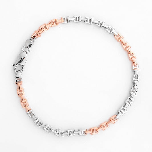 Dual-Tone Geometric Link 925 Sterling Silver Bracelet for Men